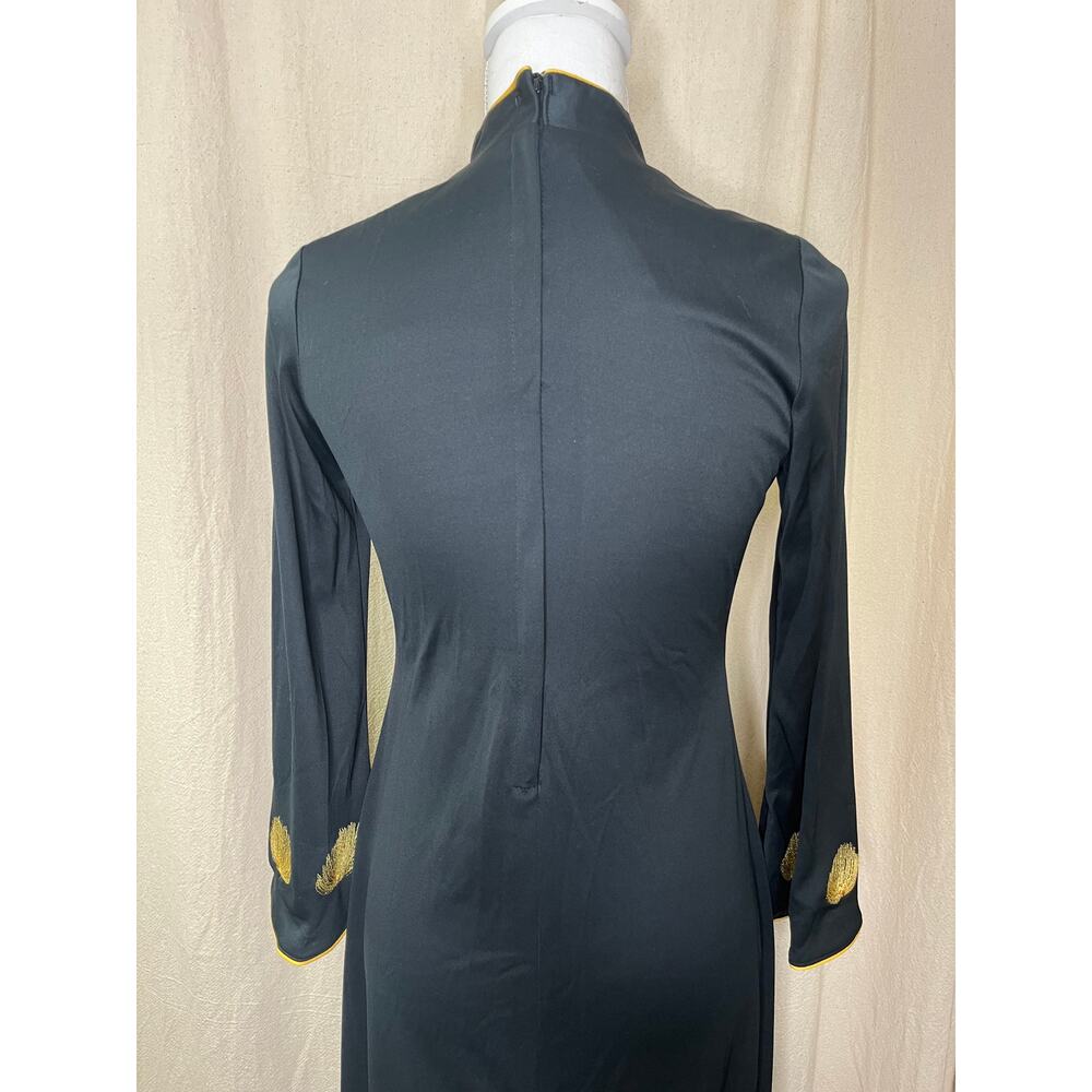 1960s Handmade Black Gold Thread Oriental Peacock Bird Mod Asian Maxi Dress M - Picture 9 of 14